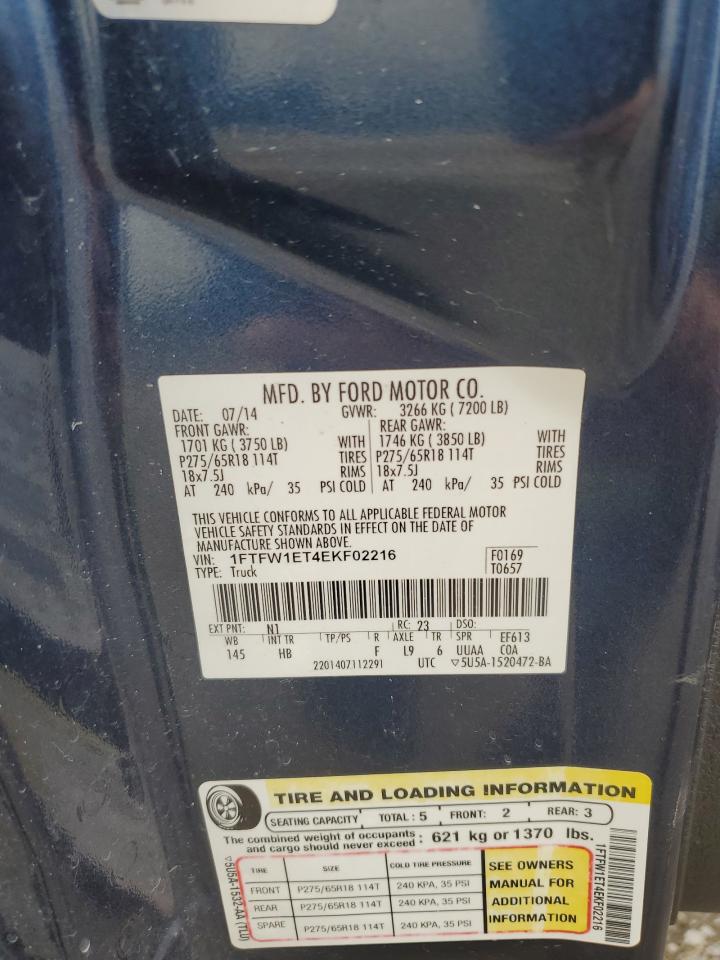 2014 Ford F150 Supercrew VIN: 1FTFW1ET4EKF02216 Lot: 90771315