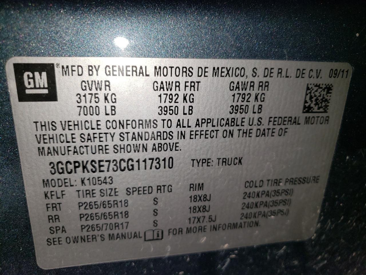 2012 Chevrolet Silverado K1500 Lt VIN: 3GCPKSE73CG117310 Lot: 85650765