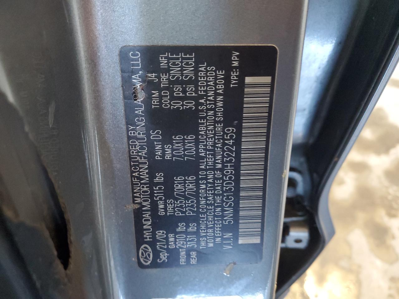 2009 Hyundai Santa Fe Gls VIN: 5NMSG13D59H322459 Lot: 84007845