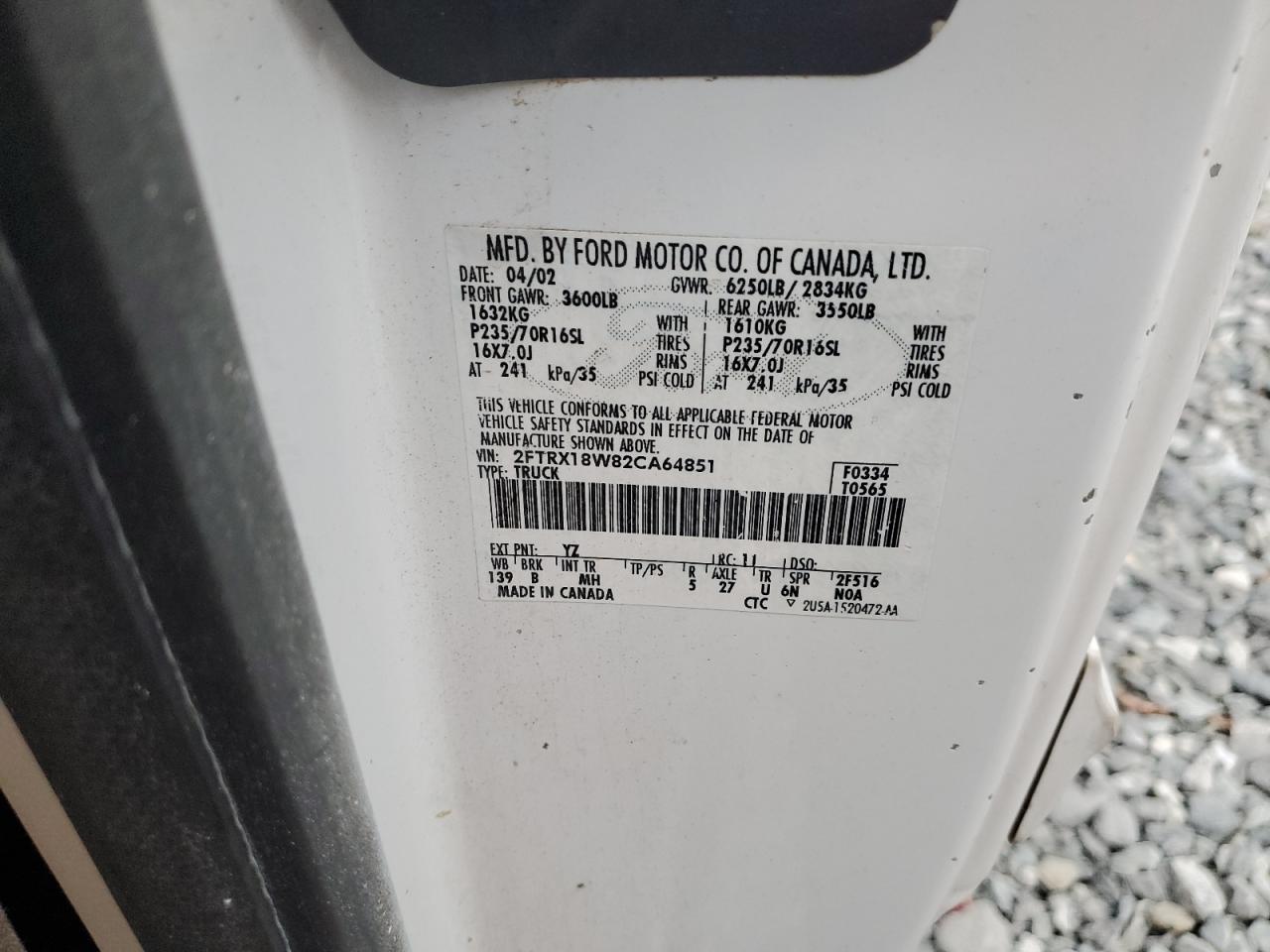 2002 Ford F150 VIN: 2FTRX18W82CA64851 Lot: 90283325