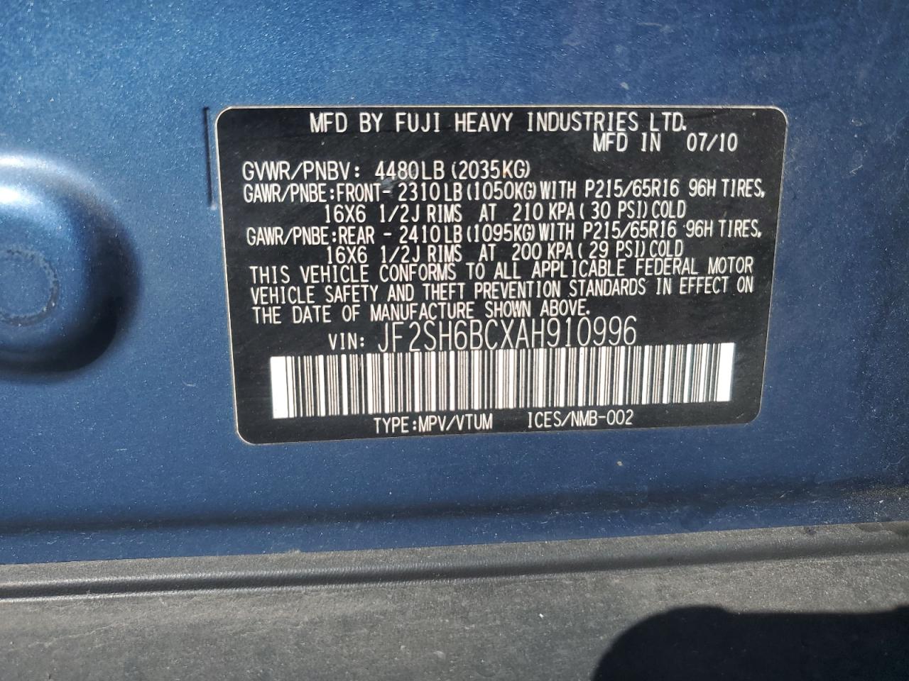 2010 Subaru Forester Xs VIN: JF2SH6BCXAH910996 Lot: 87014255