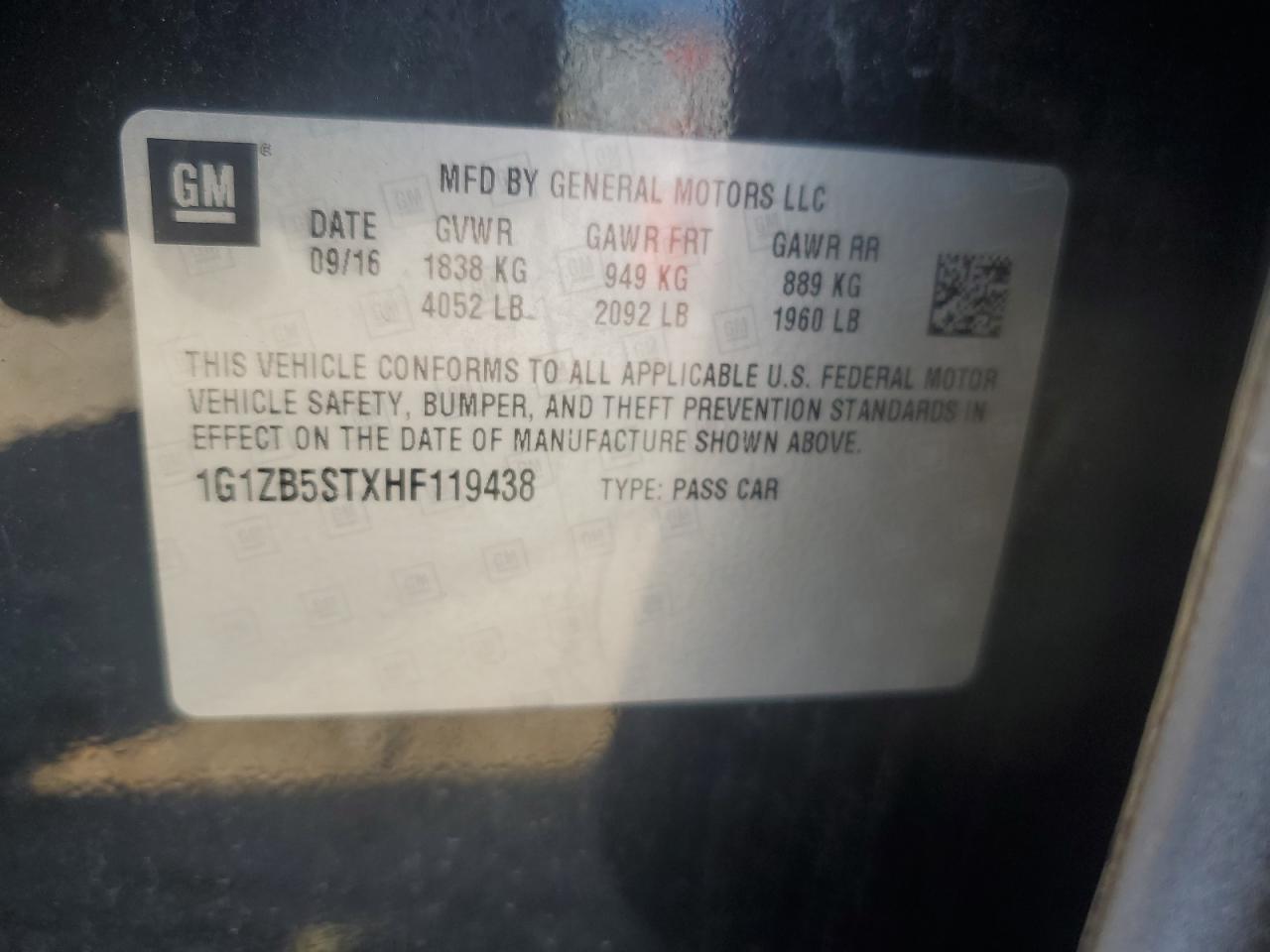 2017 Chevrolet Malibu Ls VIN: 1G1ZB5STXHF119438 Lot: 86173165