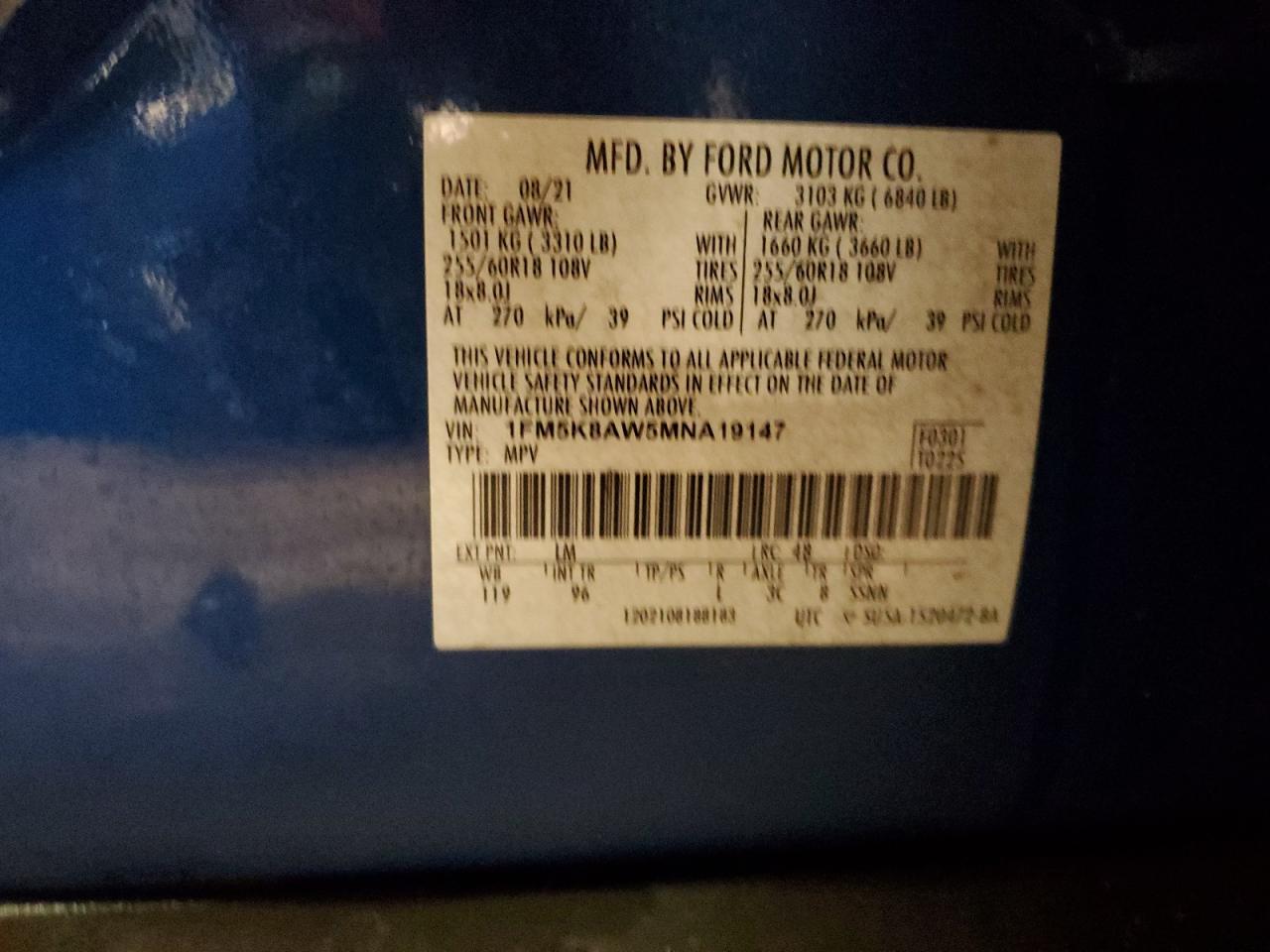 2021 Ford Explorer Police Interceptor VIN: 1FM5K8AW5MNA19147 Lot: 87086845