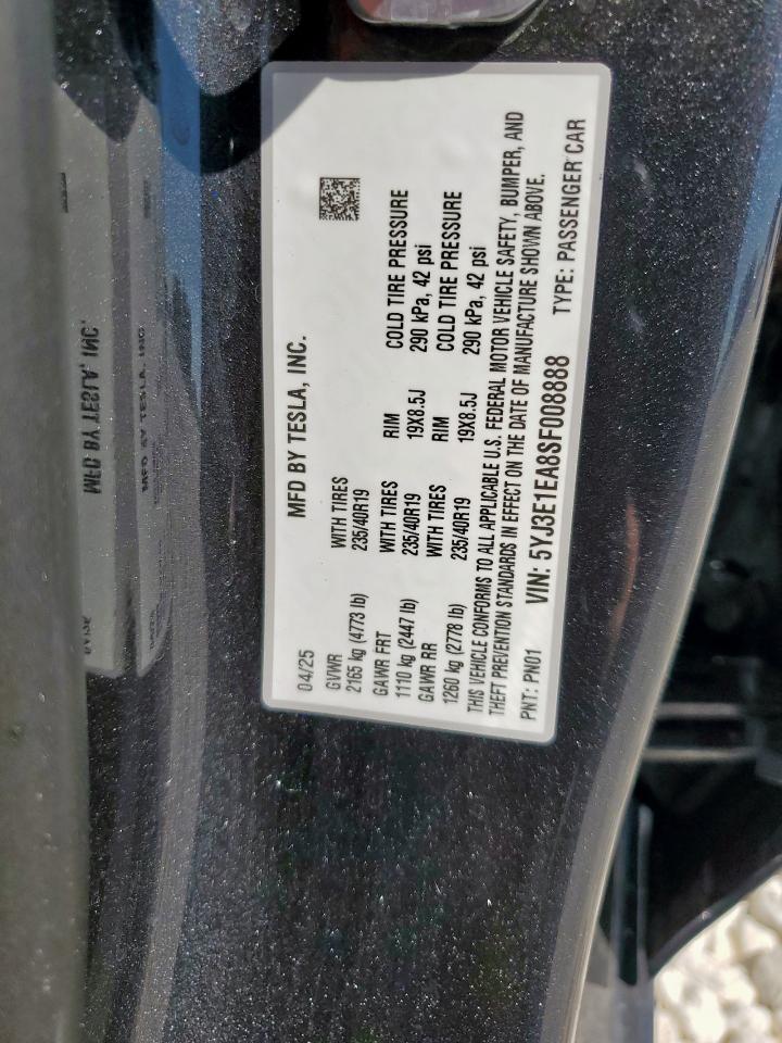 2025 Tesla Model 3 VIN: 5YJ3E1EA8SF008888 Lot: 86312385