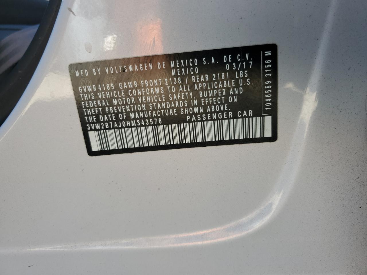 2017 Volkswagen Jetta S VIN: 3VW2B7AJ0HM343576 Lot: 86503755