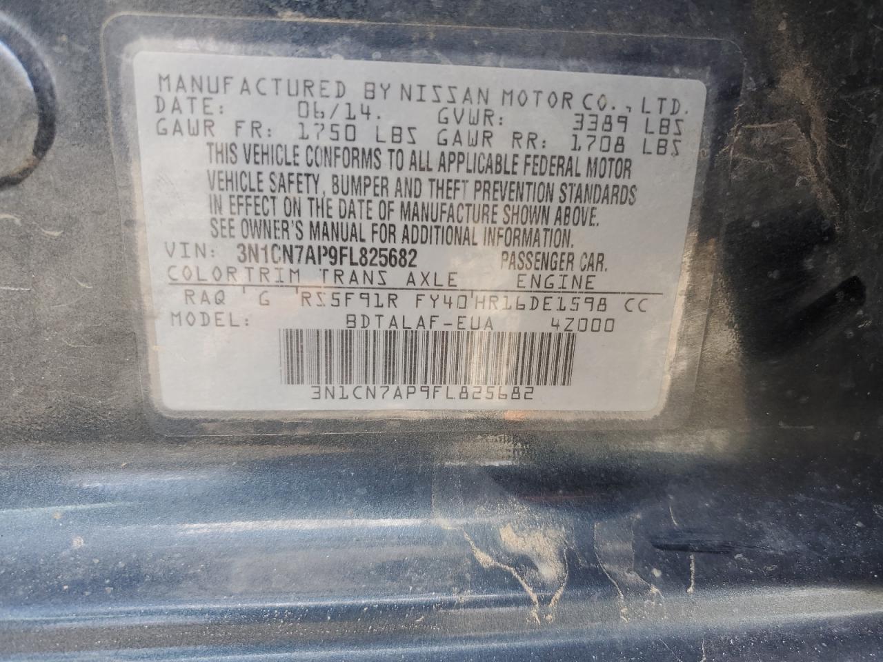 2015 Nissan Versa S VIN: 3N1CN7AP9FL825682 Lot: 81994025