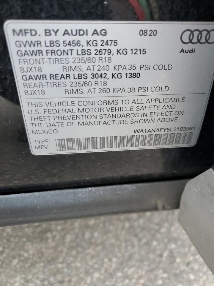 2020 Audi Q5 Premium VIN: WA1ANAFY5L2103961 Lot: 86129595