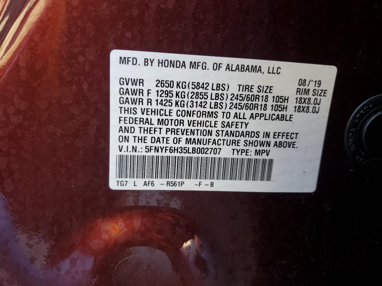 2020 Honda Pilot Ex VIN: 5FNYF6H35LB002707 Lot: 81928515