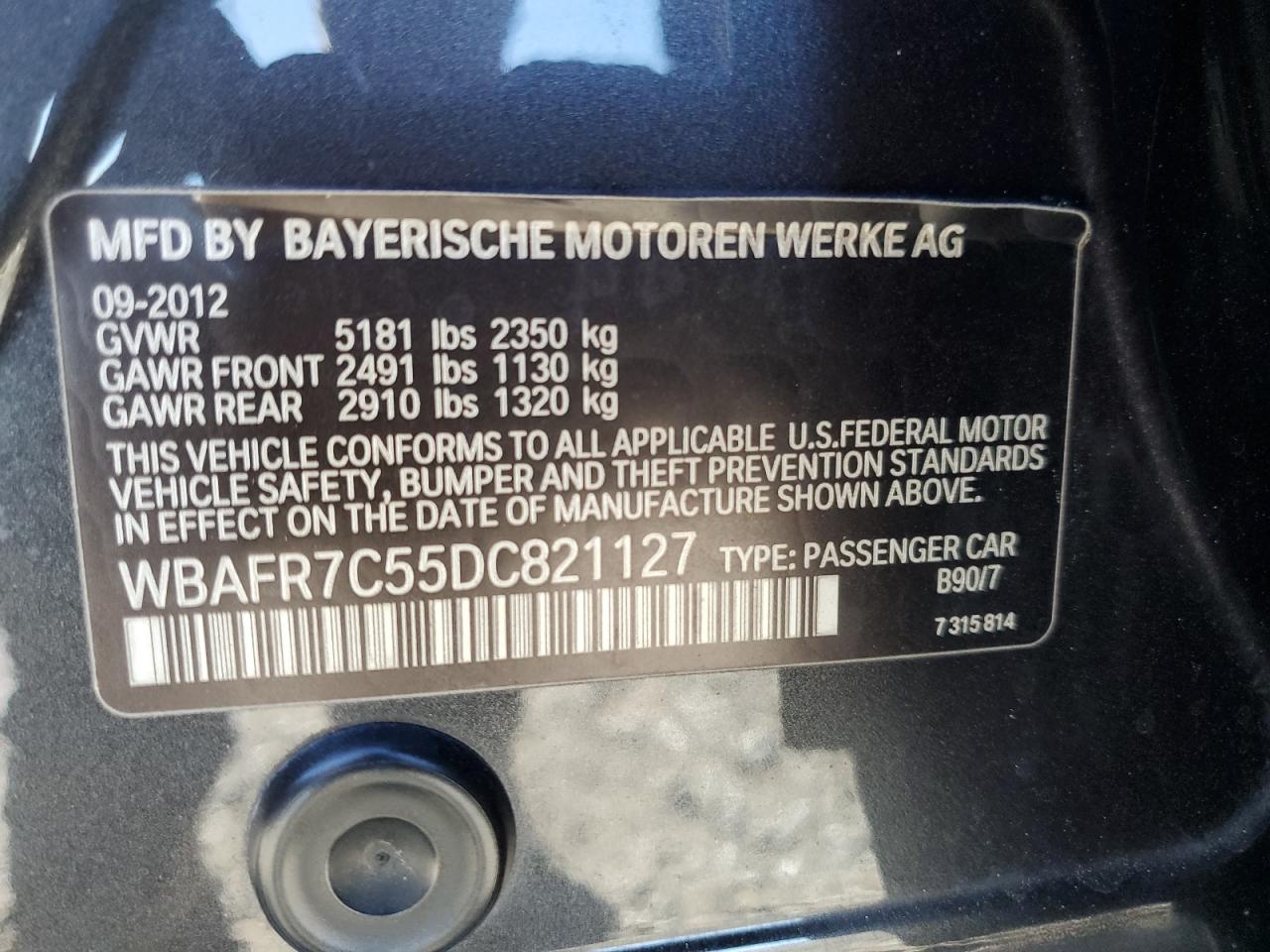 2013 BMW 535 I VIN: WBAFR7C55DC821127 Lot: 85199005