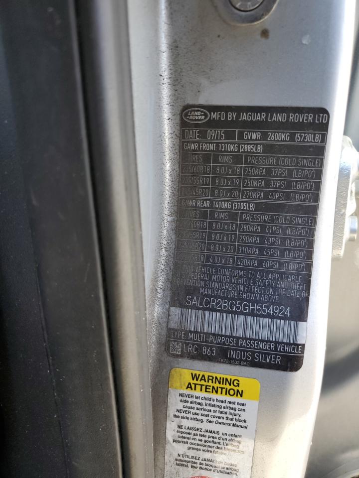 2016 Land Rover Discovery Sport Hse VIN: SALCR2BG5GH554924 Lot: 84804025