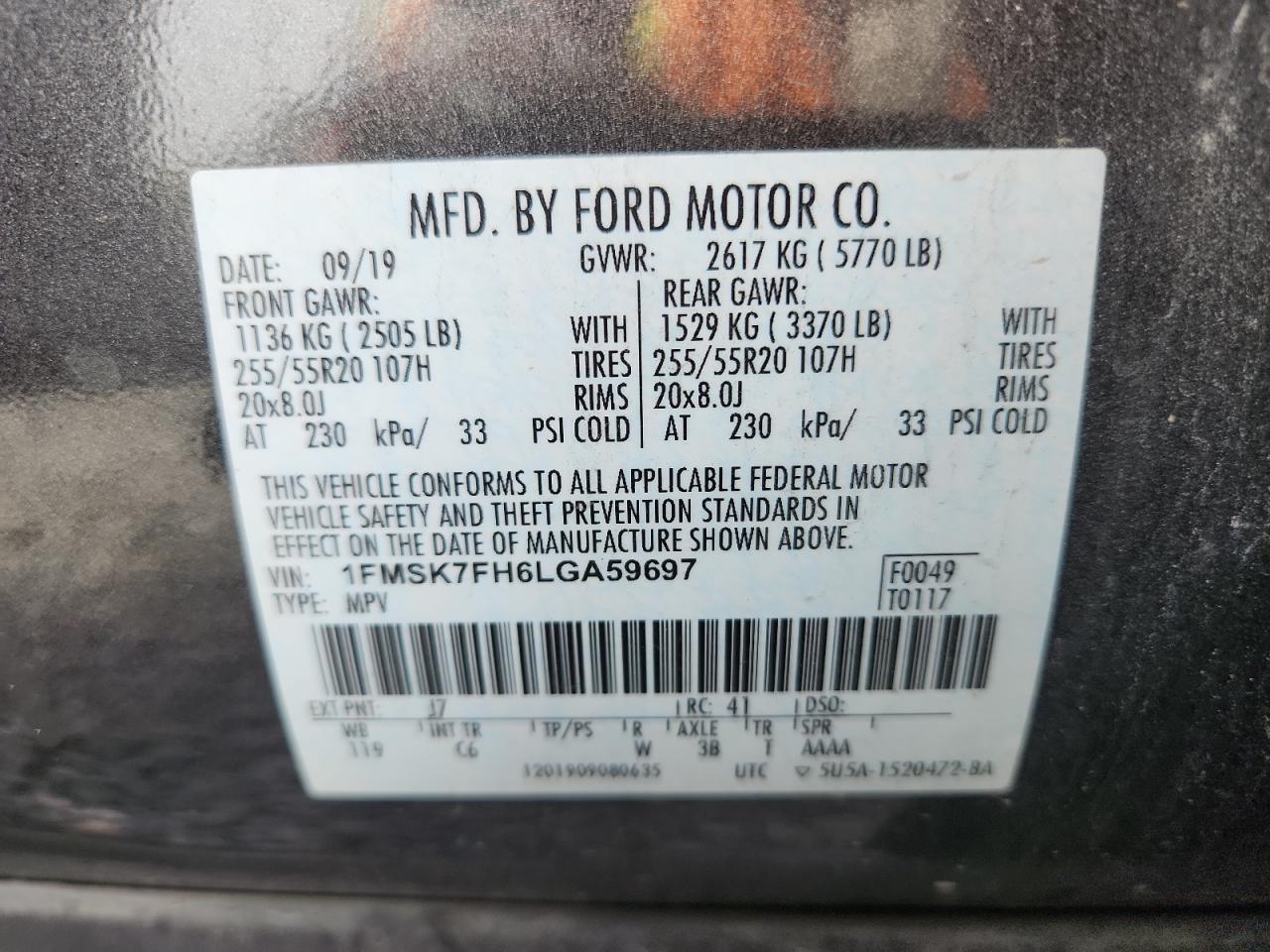 2020 Ford Explorer Limited VIN: 1FMSK7FH6LGA59697 Lot: 86511305