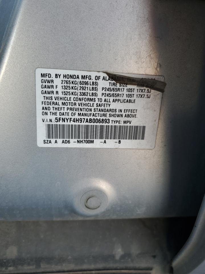 2010 Honda Pilot Touring VIN: 5FNYF4H97AB006893 Lot: 82216215