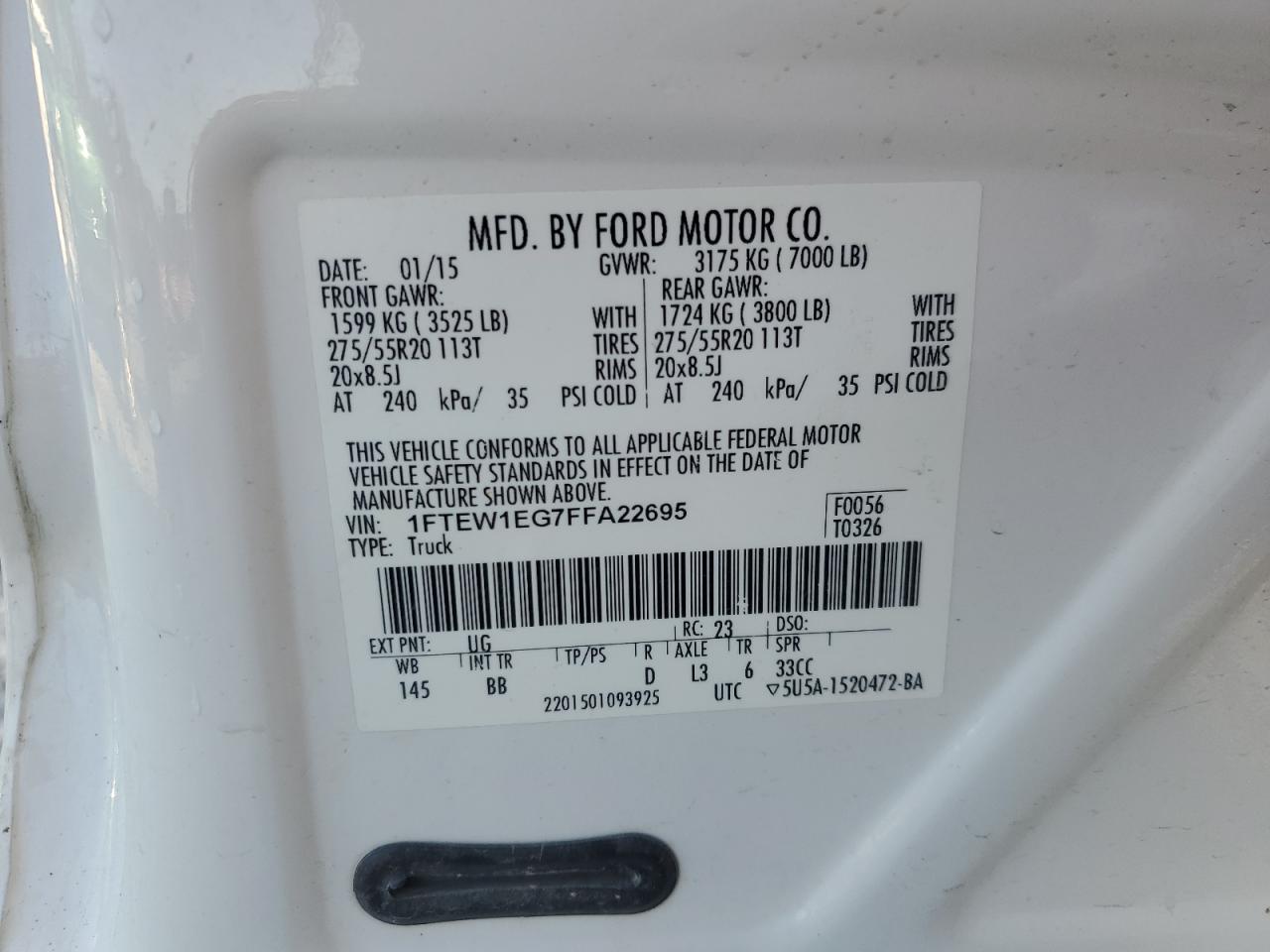 2015 Ford F150 Supercrew VIN: 1FTEW1EG7FFA22695 Lot: 85868255