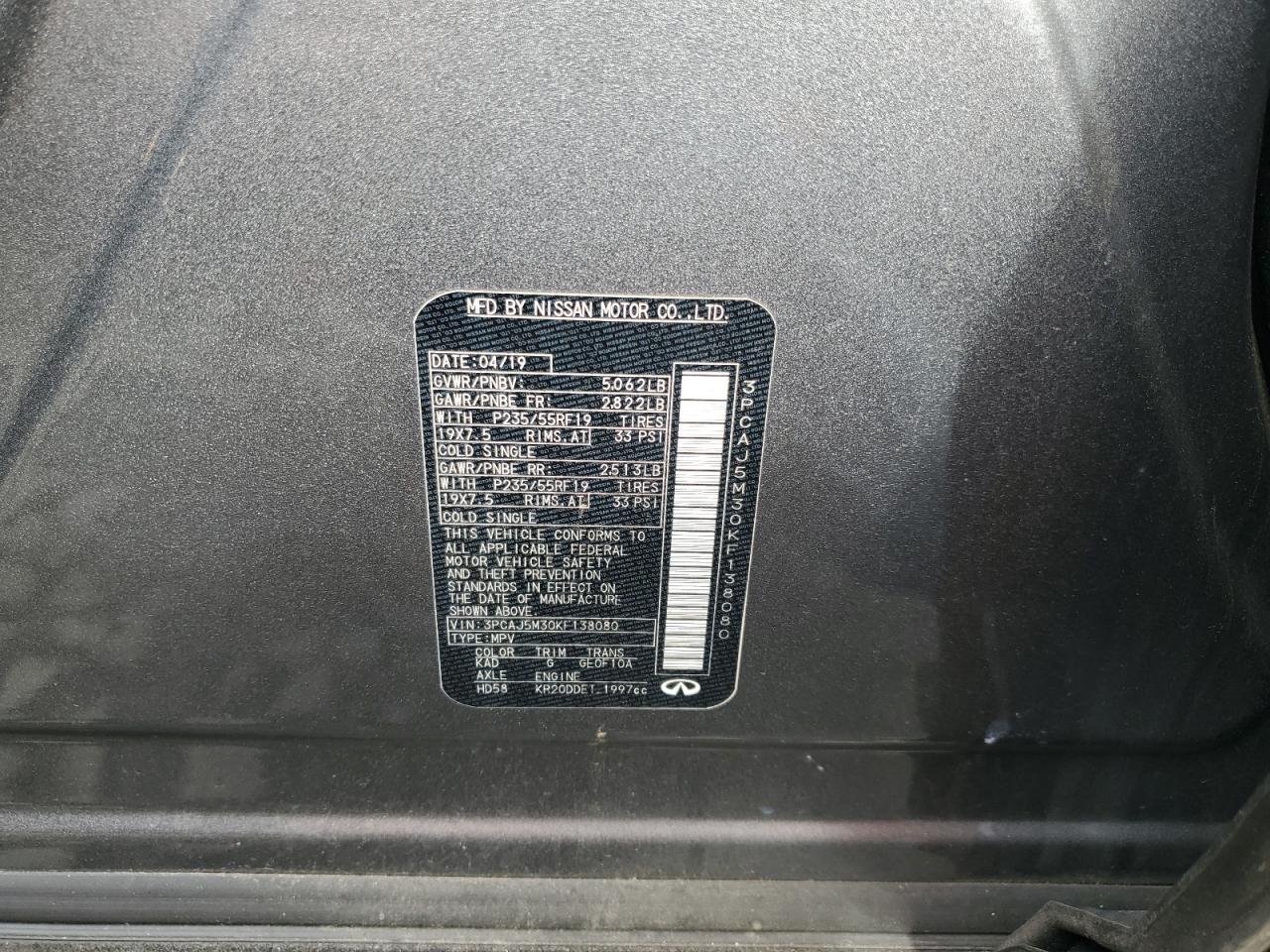 2019 Infiniti Qx50 Essential VIN: 3PCAJ5M30KF138080 Lot: 86683405