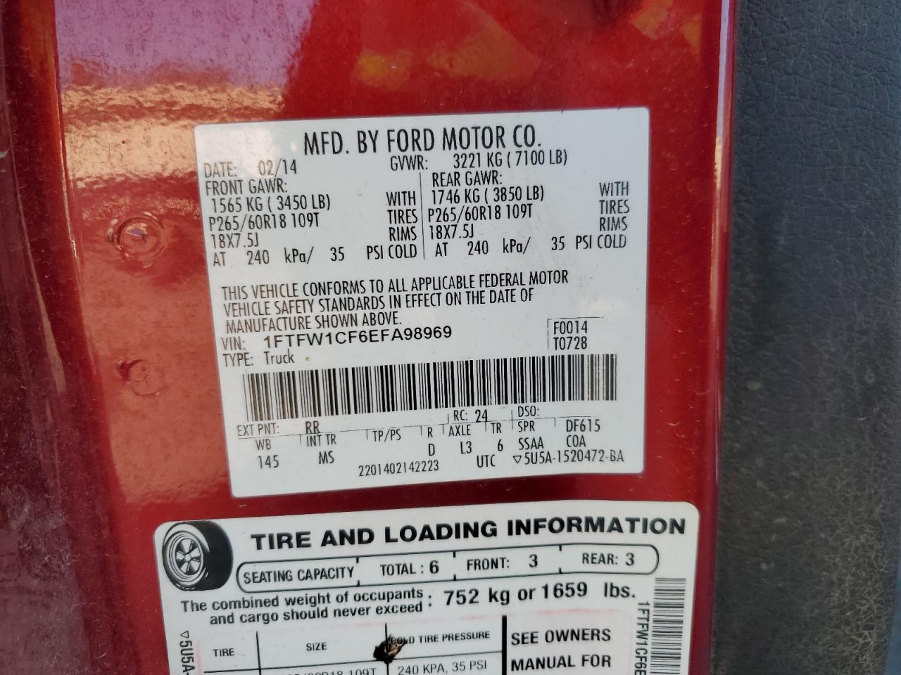 2014 Ford F150 Supercrew VIN: 1FTFW1CF6EFA98969 Lot: 81524045