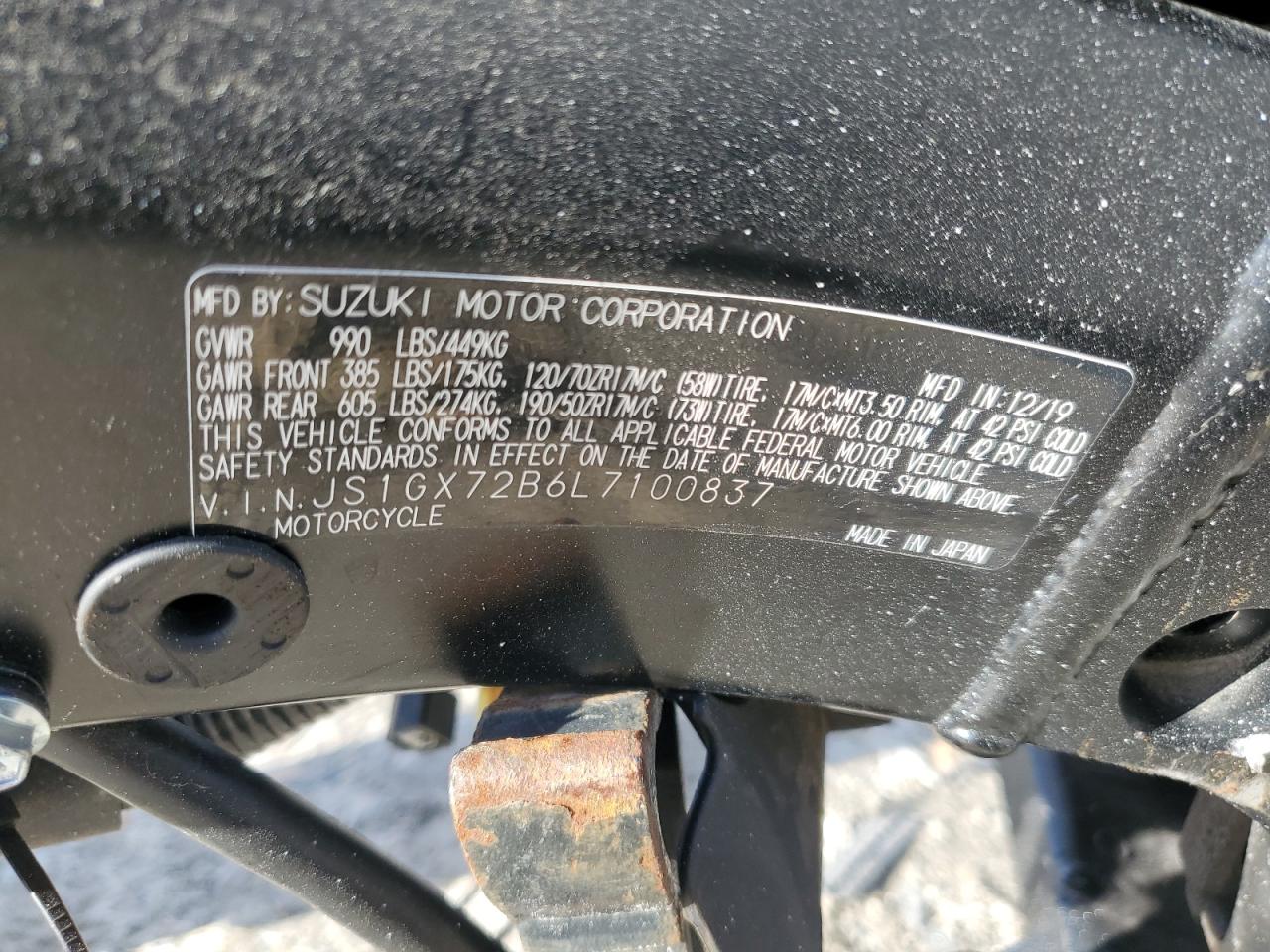 2020 Suzuki Gsx1300 Ra VIN: JS1GX72B6L7100837 Lot: 89617225