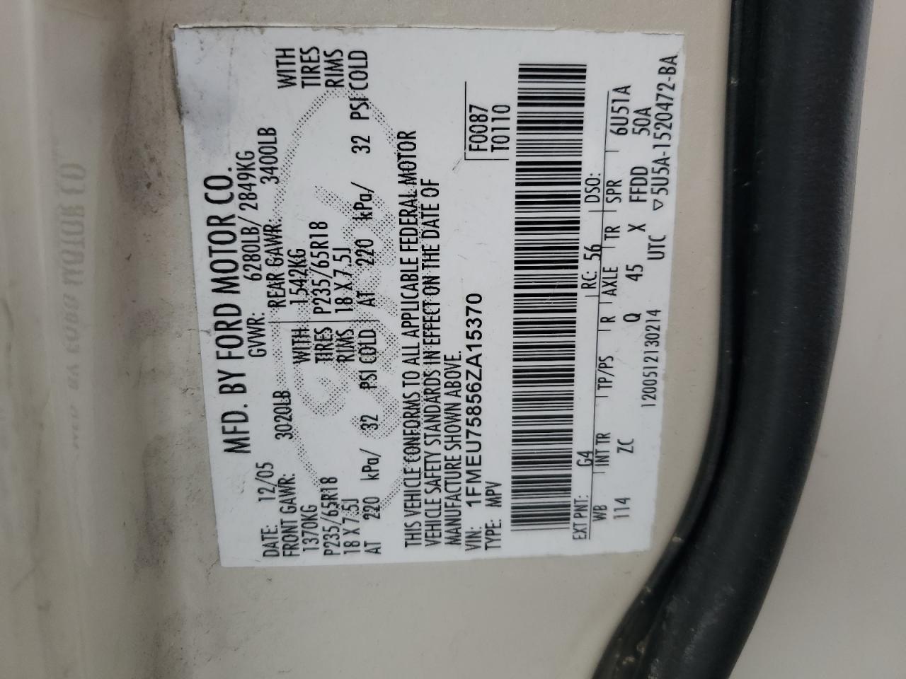 2006 Ford Explorer Limited VIN: 1FMEU75856ZA15370 Lot: 85189475