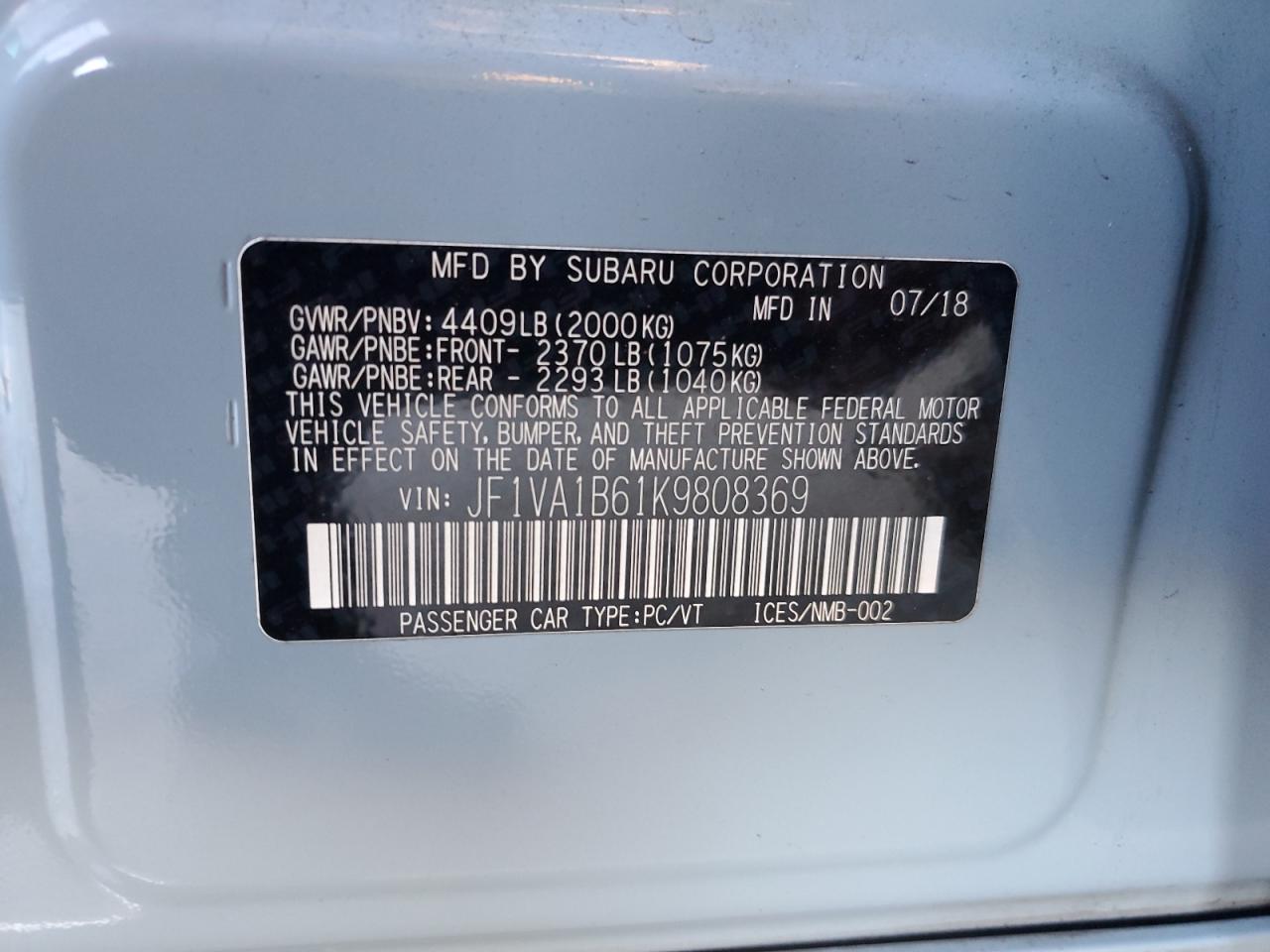 2019 Subaru Wrx Premium VIN: JF1VA1B61K9808369 Lot: 82274005