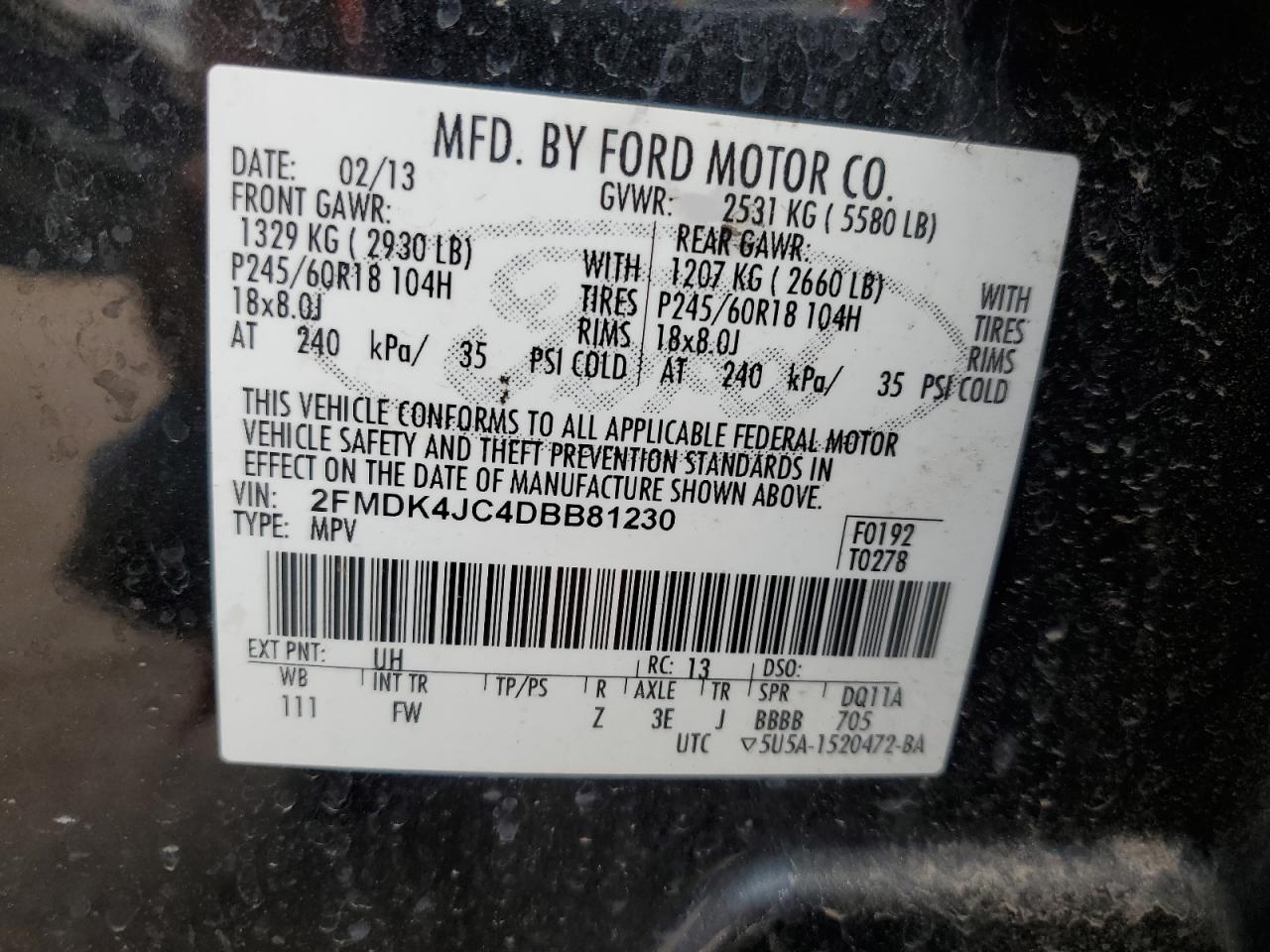 2013 Ford Edge Sel VIN: 2FMDK4JC4DBB81230 Lot: 86129535