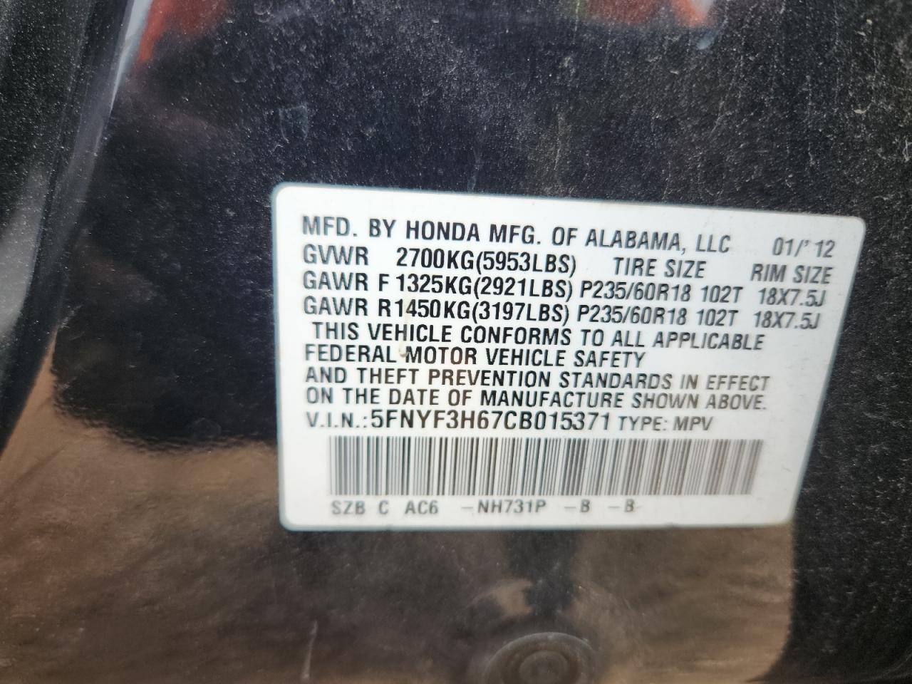 2012 Honda Pilot Exl VIN: 5FNYF3H67CB015371 Lot: 84610885