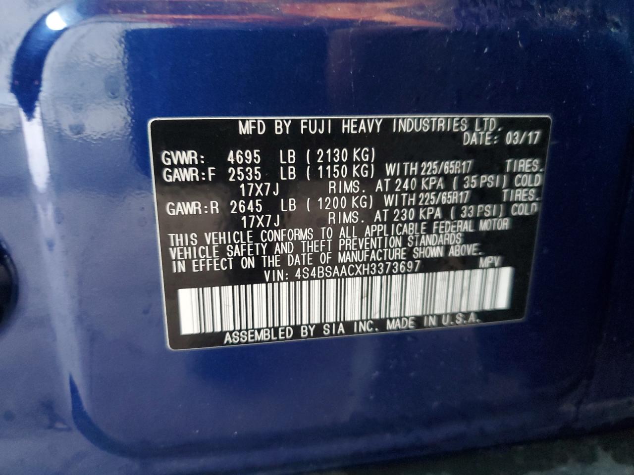 2017 Subaru Outback 2.5I VIN: 4S4BSAACXH3373697 Lot: 82467605