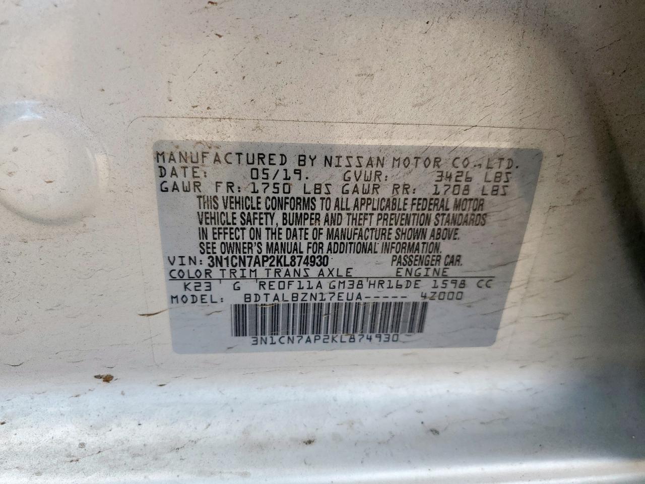 2019 Nissan Versa S VIN: 3N1CN7AP2KL874930 Lot: 84835485