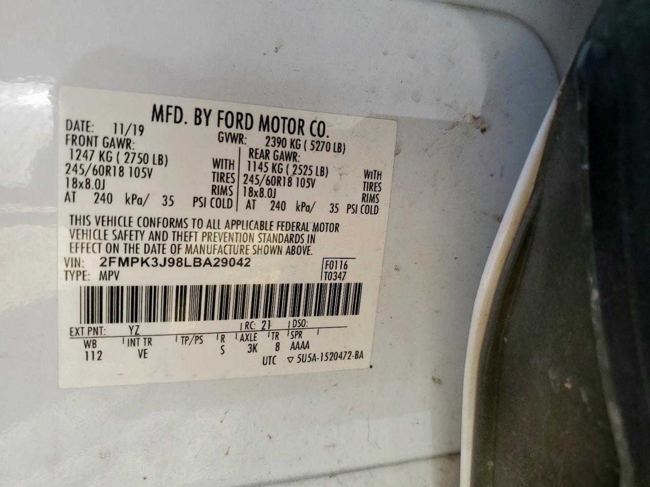 2020 Ford Edge Sel VIN: 2FMPK3J98LBA29042 Lot: 84899295