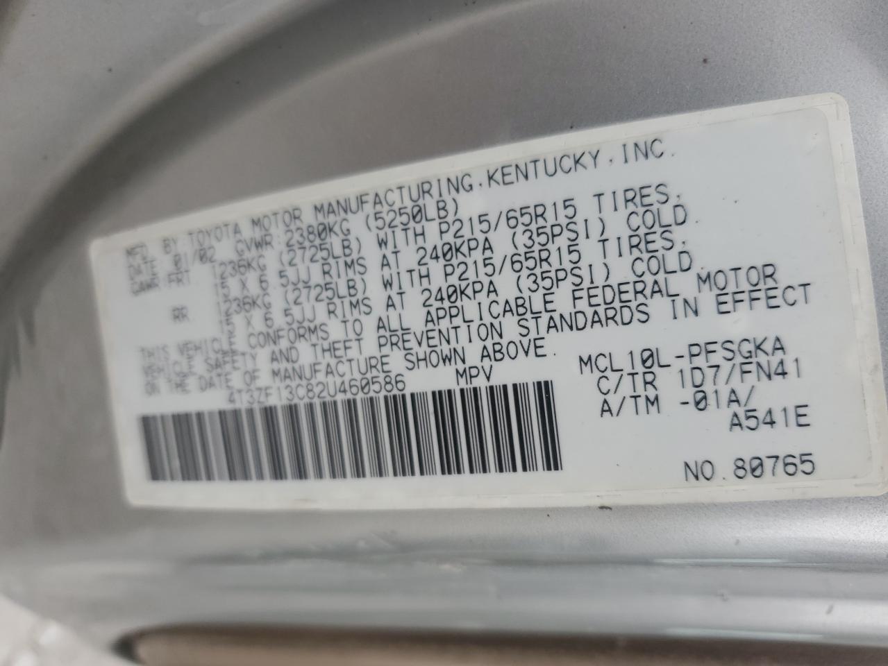 2002 Toyota Sienna Le VIN: 4T3ZF13C82U460586 Lot: 82331825