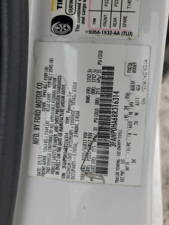2011 Ford Fusion Se VIN: 3FAHP0HA6BR316314 Lot: 82344785