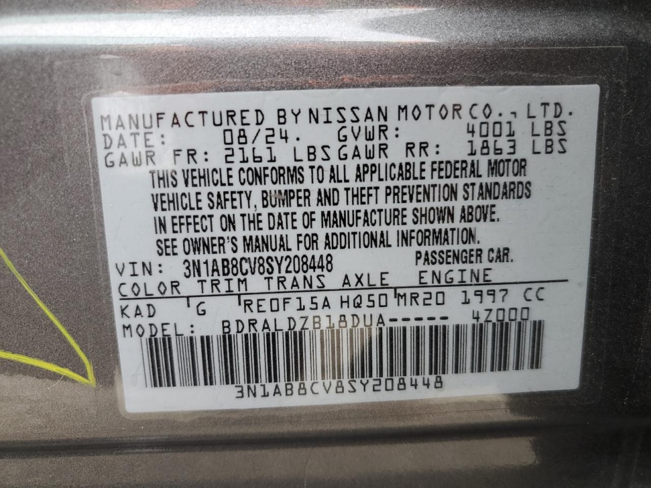 2025 Nissan Sentra Sv VIN: 3N1AB8CV8SY208448 Lot: 86520055