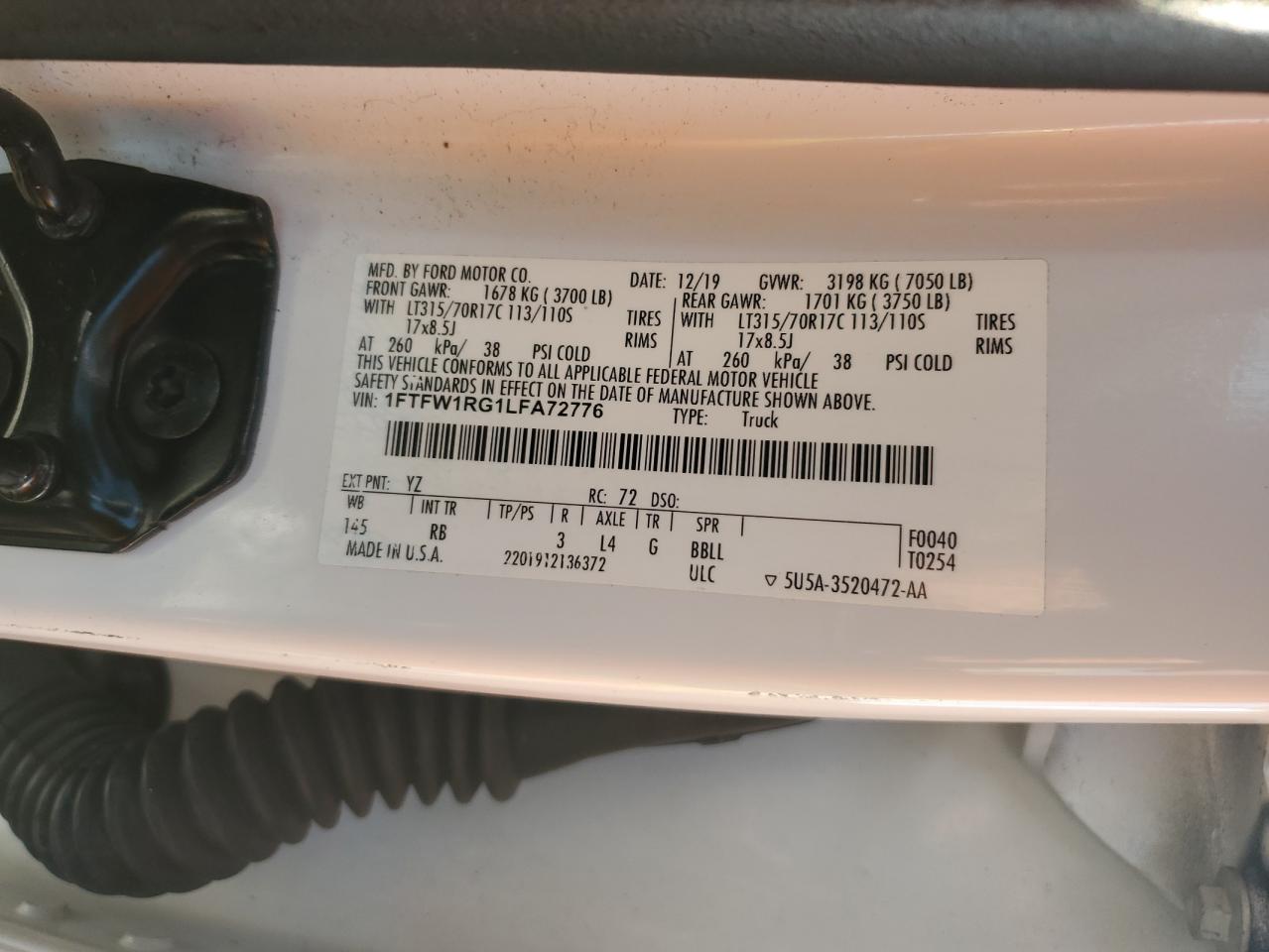 2020 Ford F150 Raptor VIN: 1FTFW1RG1LFA72776 Lot: 91106685