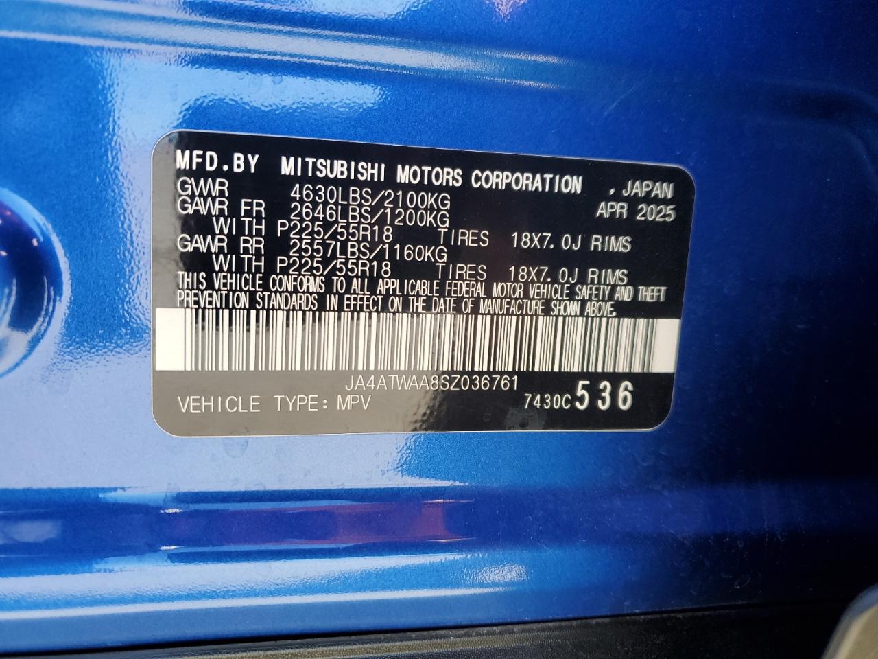 2025 Mitsubishi Eclipse Cross Se VIN: JA4ATWAA8SZ036761 Lot: 86151885