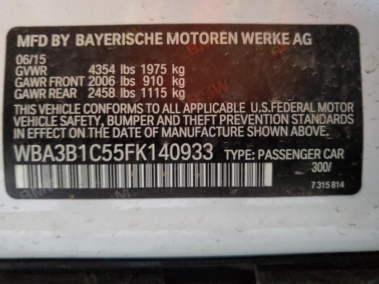 2015 BMW 320 I VIN: WBA3B1C55FK140933 Lot: 82203245