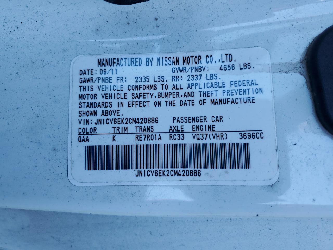 2012 Infiniti G37 Base VIN: JN1CV6EK2CM420886 Lot: 82391105