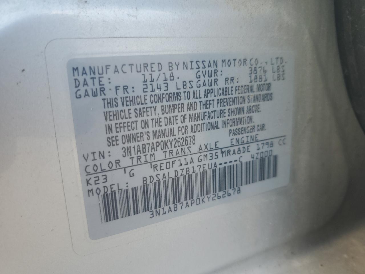 2019 Nissan Sentra S VIN: 3N1AB7AP0KY262678 Lot: 86324895