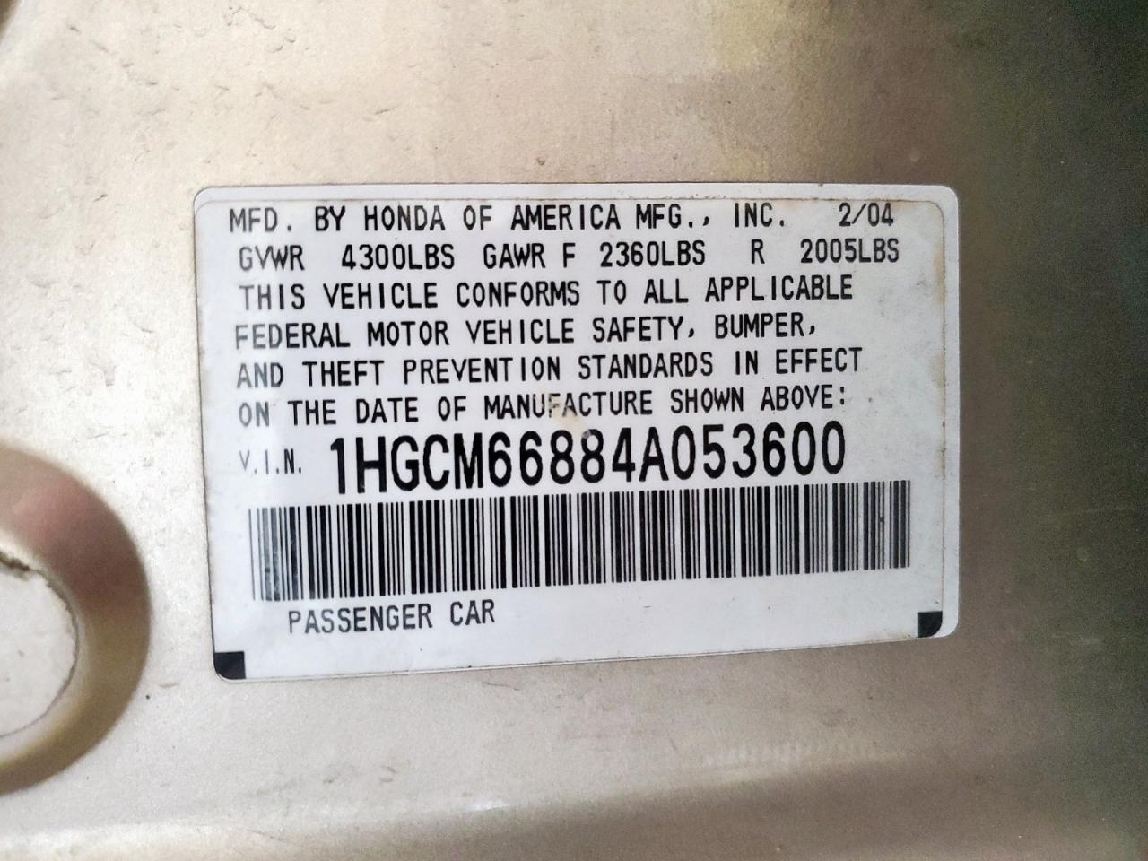 2004 Honda Accord Ex VIN: 1HGCM66884A053600 Lot: 85527775