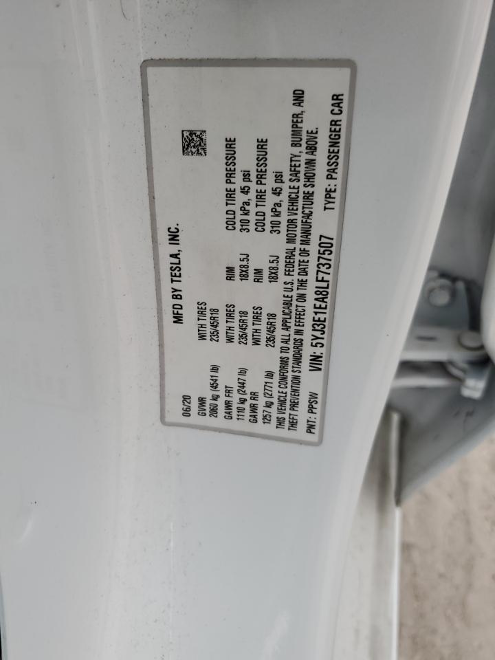 2020 Tesla Model 3 VIN: 5YJ3E1EA8LF737507 Lot: 82612035