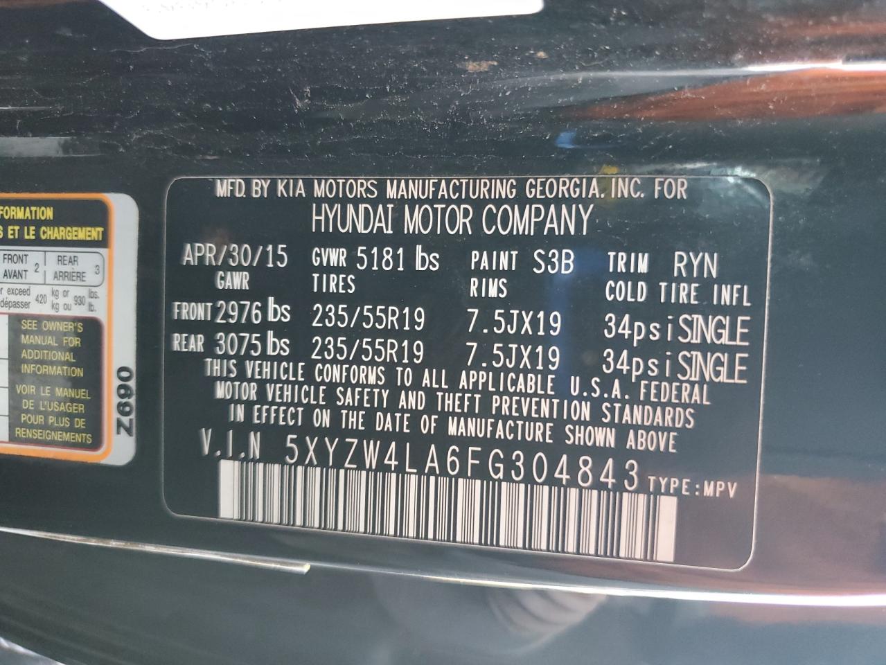 2015 Hyundai Santa Fe Sport VIN: 5XYZW4LA6FG304843 Lot: 81928775