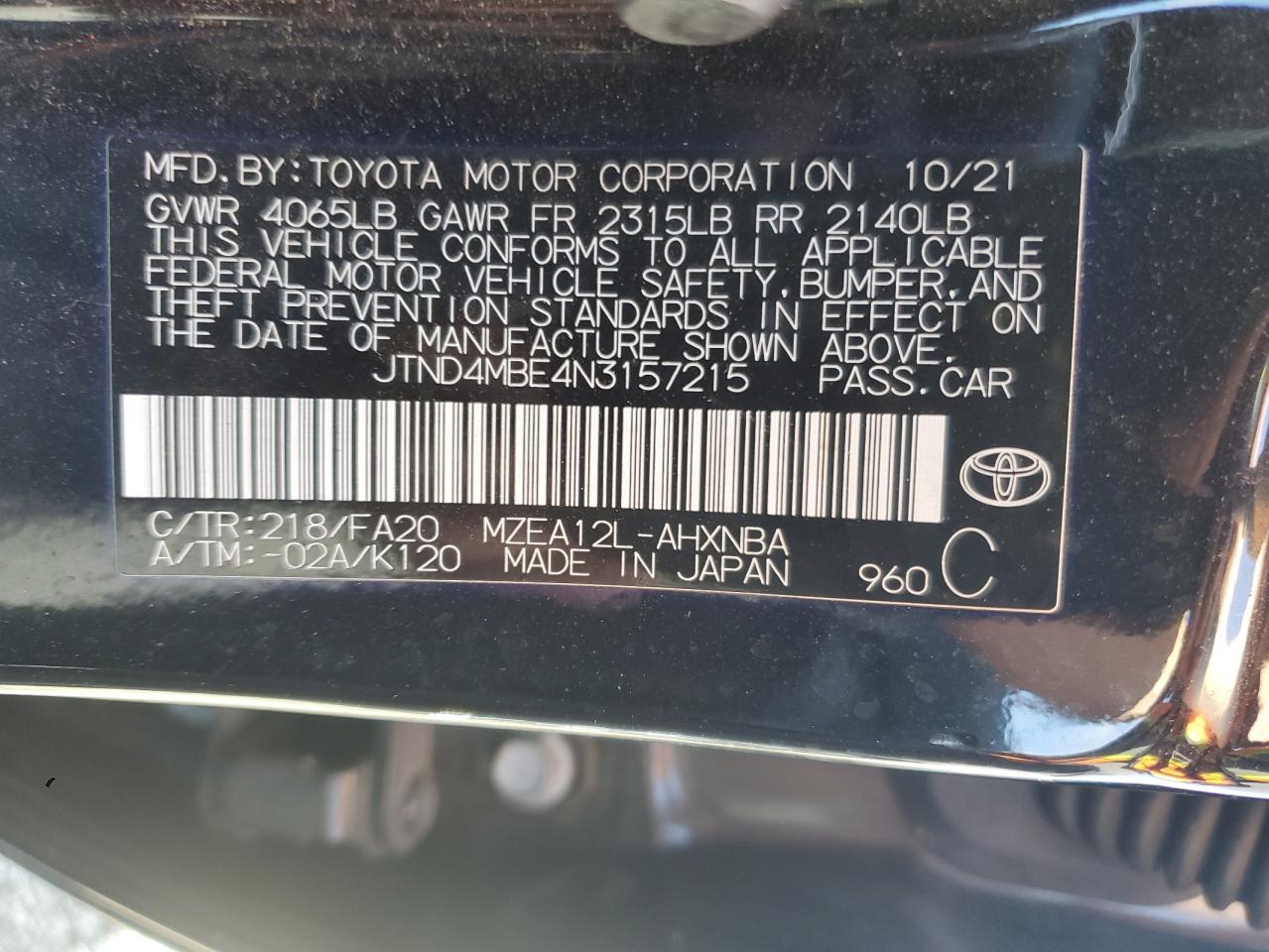 2022 Toyota Corolla Se VIN: JTND4MBE4N3157215 Lot: 84070855