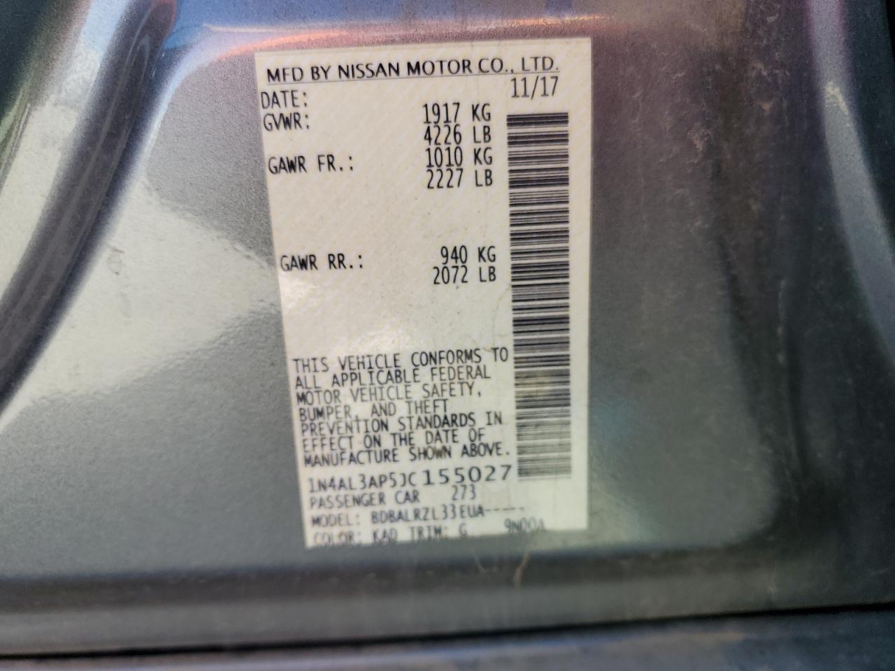 2018 Nissan Altima 2.5 VIN: 1N4AL3AP5JC155027 Lot: 86115375