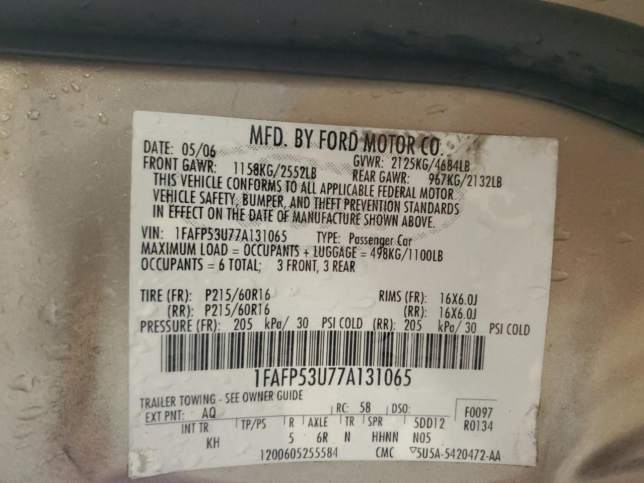 2007 Ford Taurus Se VIN: 1FAFP53U77A131065 Lot: 87048805