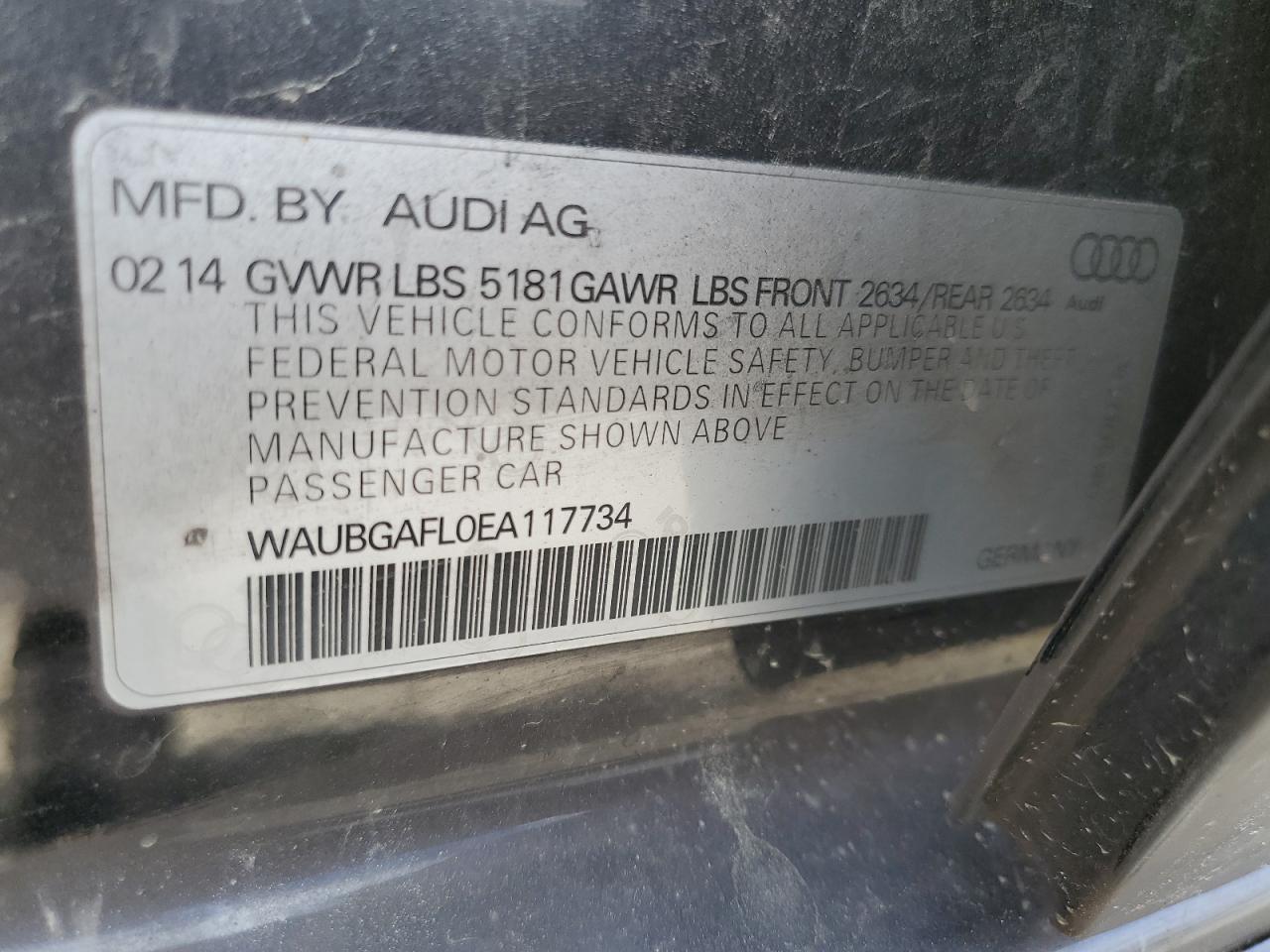 2014 Audi S4 Premium Plus VIN: WAUBGAFL0EA117734 Lot: 89828595