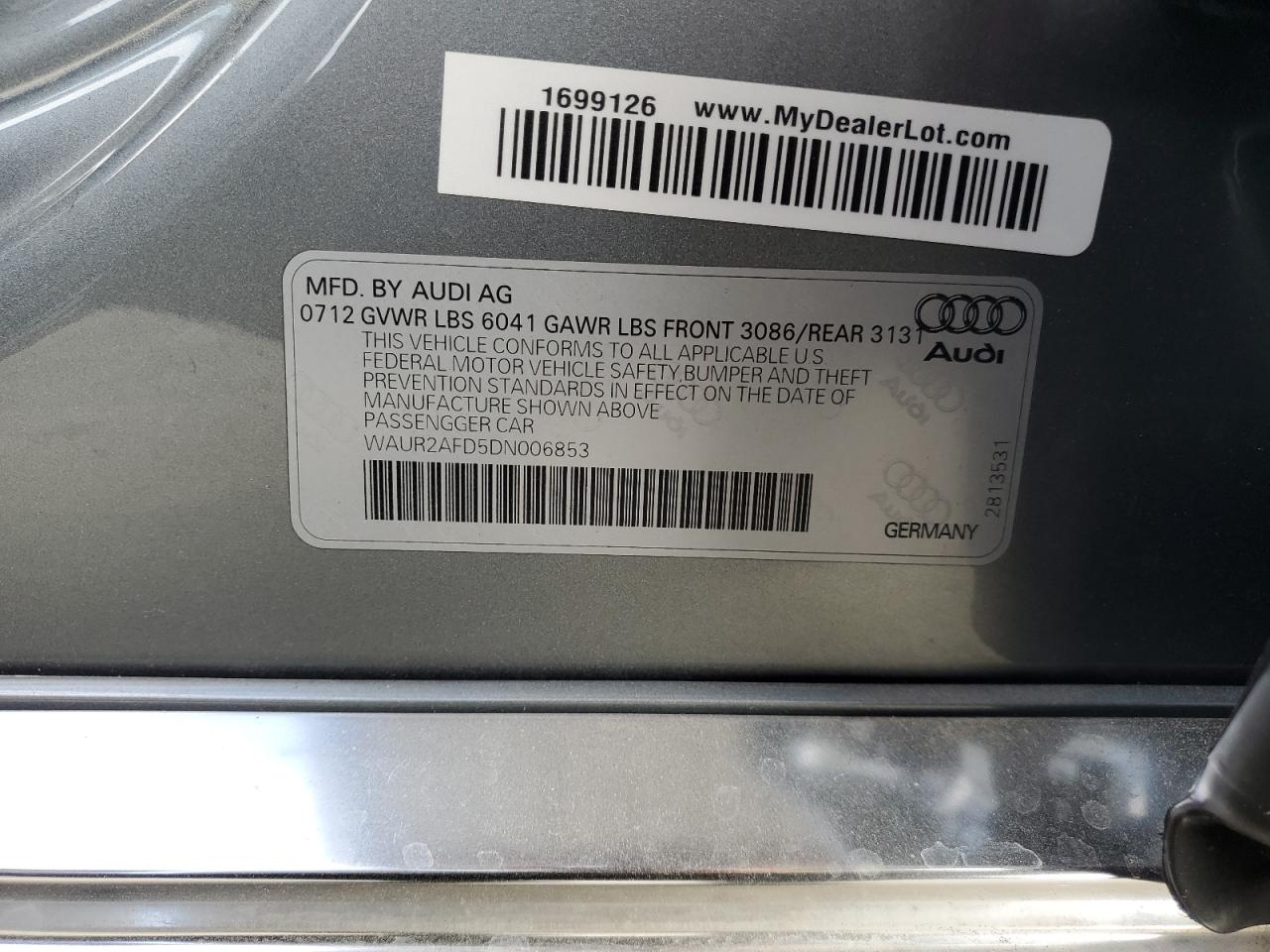 2013 Audi A8 L Quattro VIN: WAUR2AFD5DN006853 Lot: 86621245