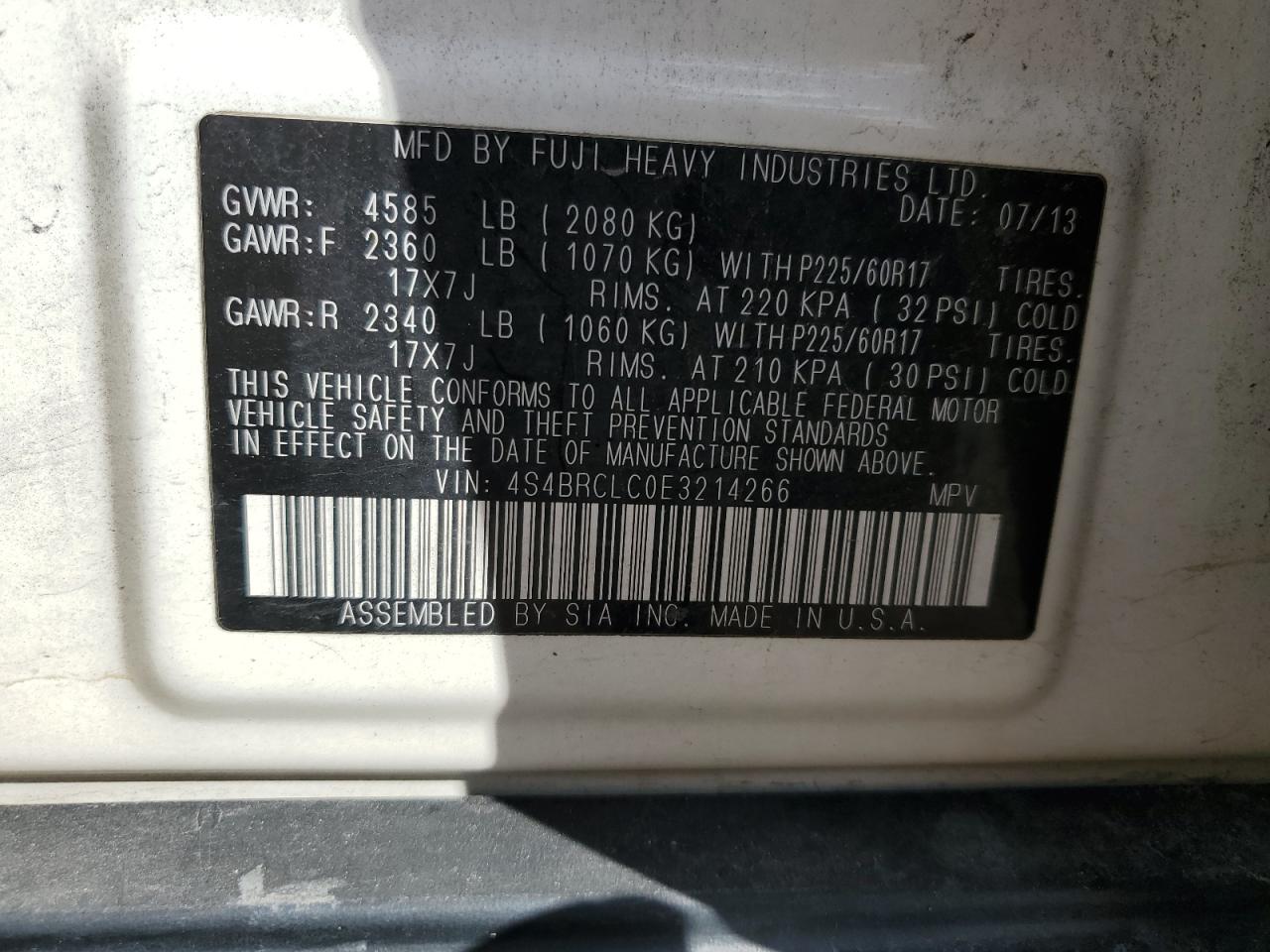 2014 Subaru Outback 2.5I Limited VIN: 4S4BRCLC0E3214266 Lot: 84480955