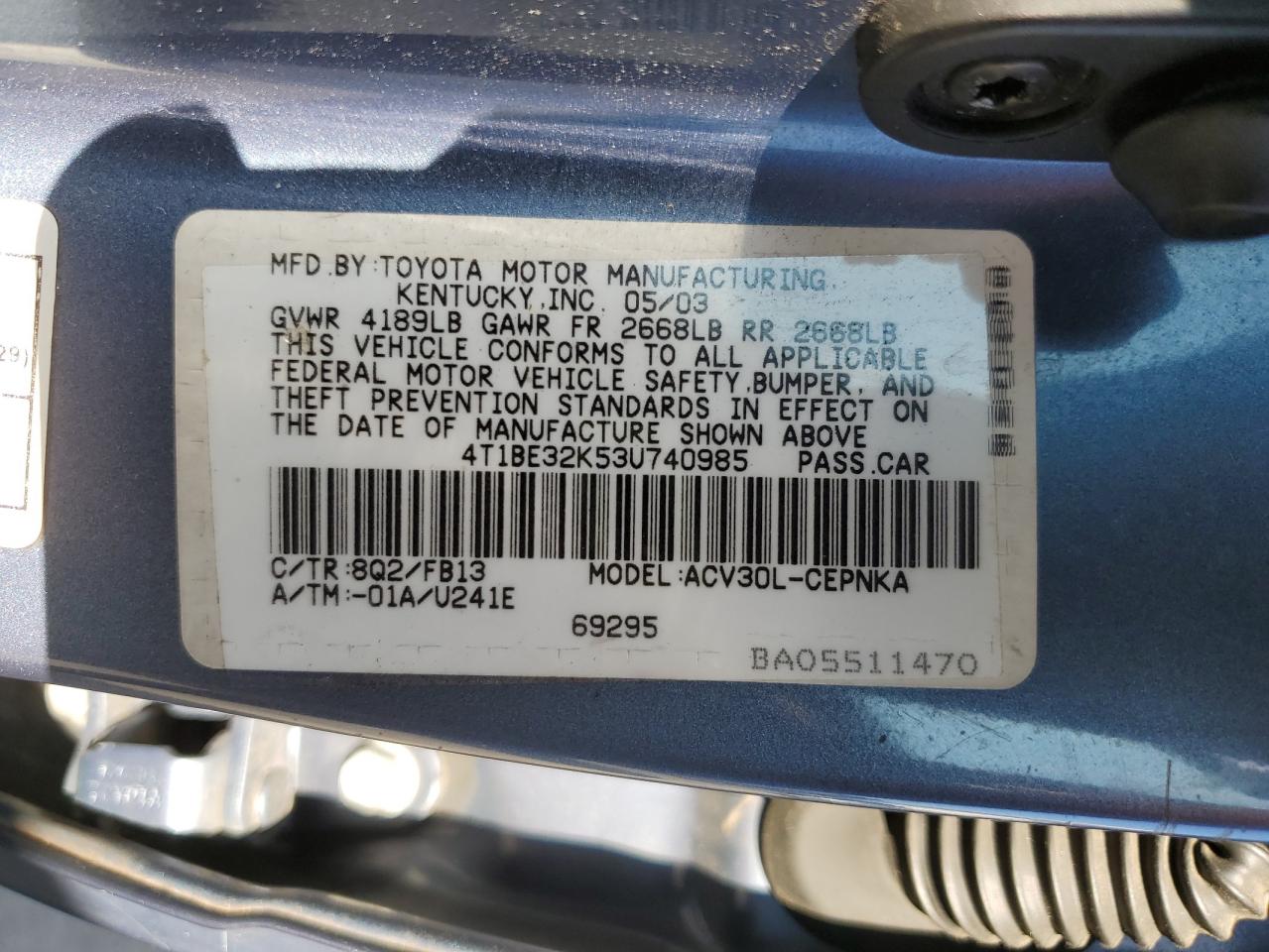 2003 Toyota Camry Le VIN: 4T1BE32K53U740985 Lot: 86210655