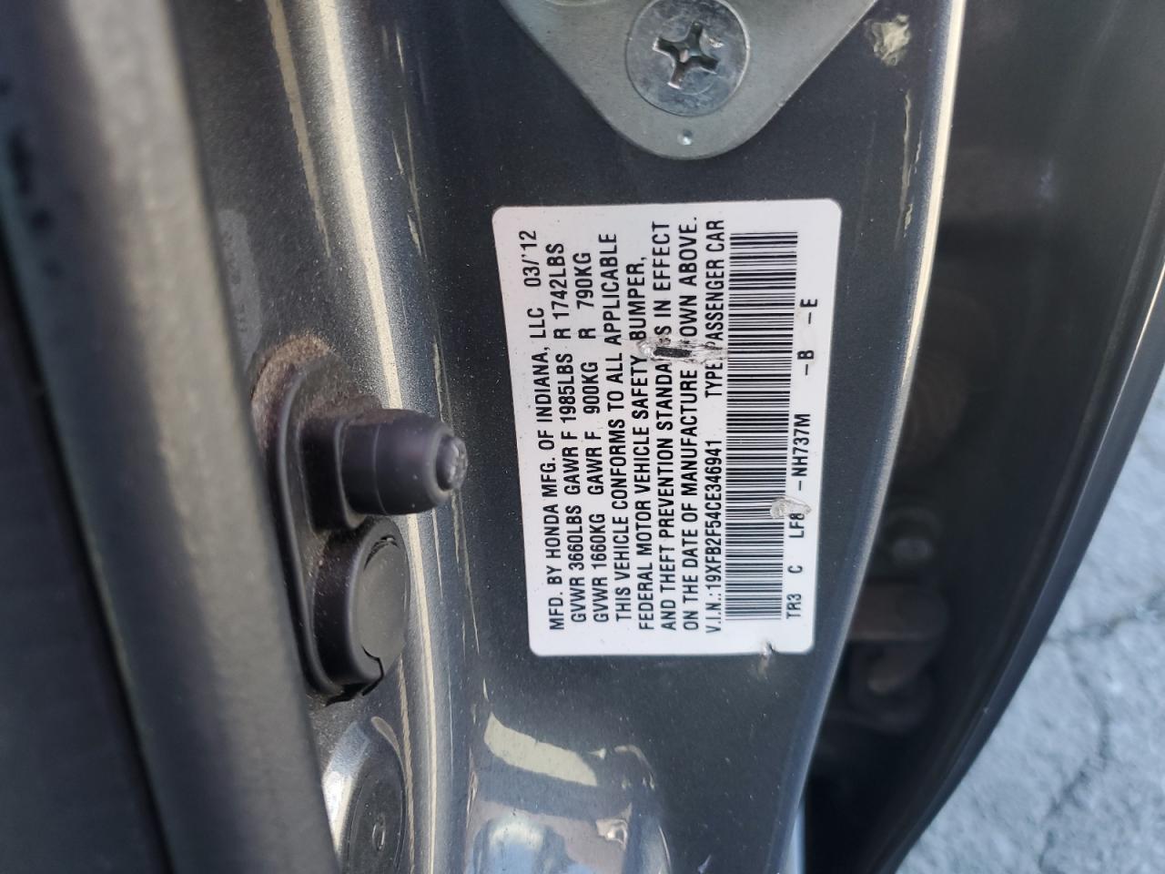 2012 Honda Civic Lx VIN: 19XFB2F54CE346941 Lot: 82320745