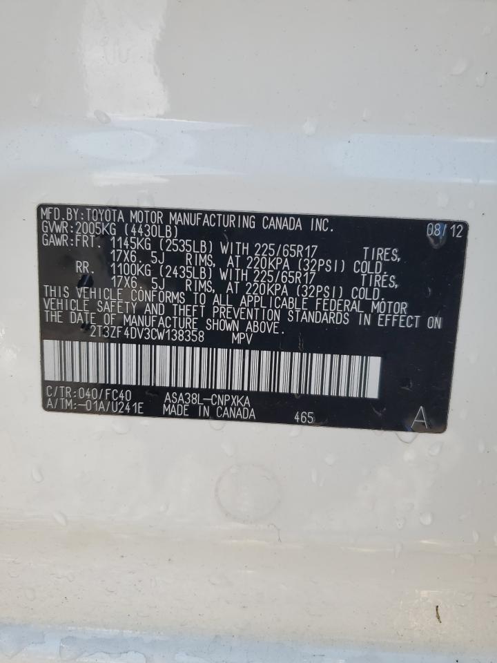 2012 Toyota Rav4 VIN: 2T3ZF4DV3CW138358 Lot: 85347395