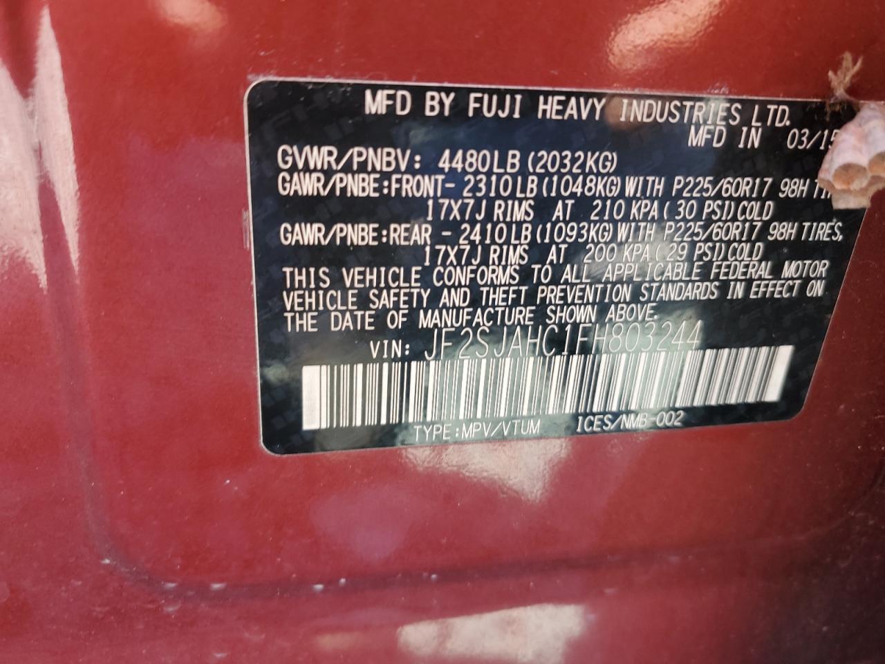 2015 Subaru Forester 2.5I Limited VIN: JF2SJAHC1FH803244 Lot: 86614225