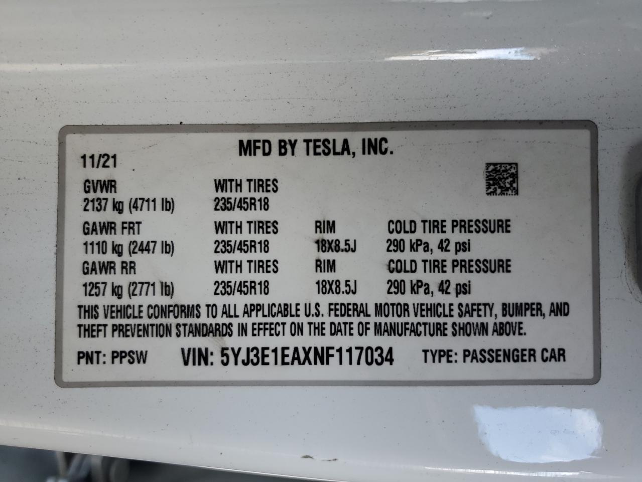 2022 Tesla Model 3 VIN: 5YJ3E1EAXNF117034 Lot: 91035115