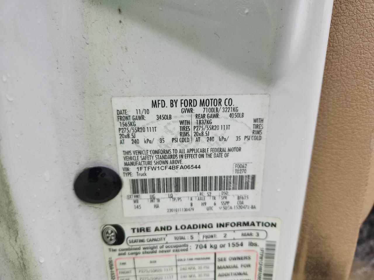 2011 Ford F150 Supercrew VIN: 1FTFW1CF4BFA06544 Lot: 90017055